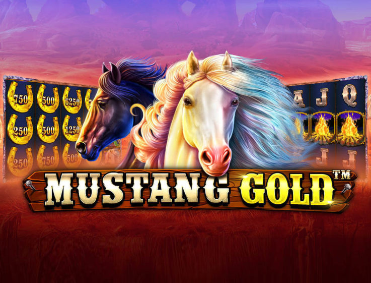 The logo of Mustang Gold, an online slot the free demo of which you can play for free on games-gettoplay.com, featuring two horses