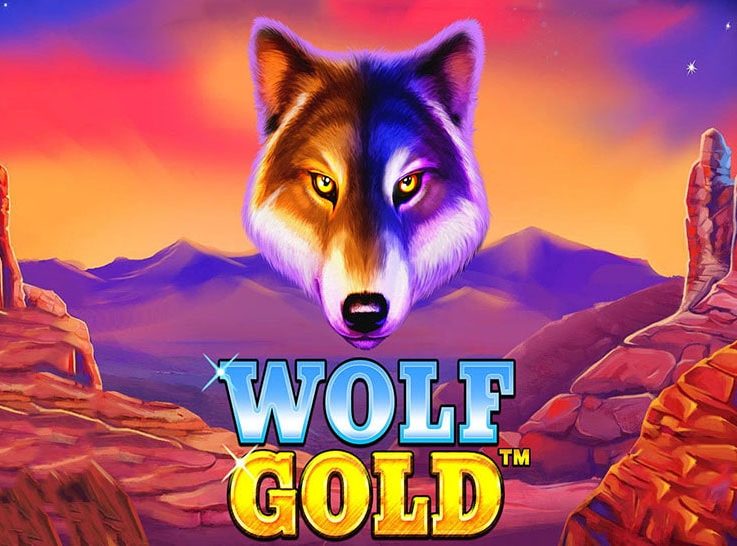 The logo of the popular Wolf Gold slot machine, which can be played for free on games-gettoplay.com